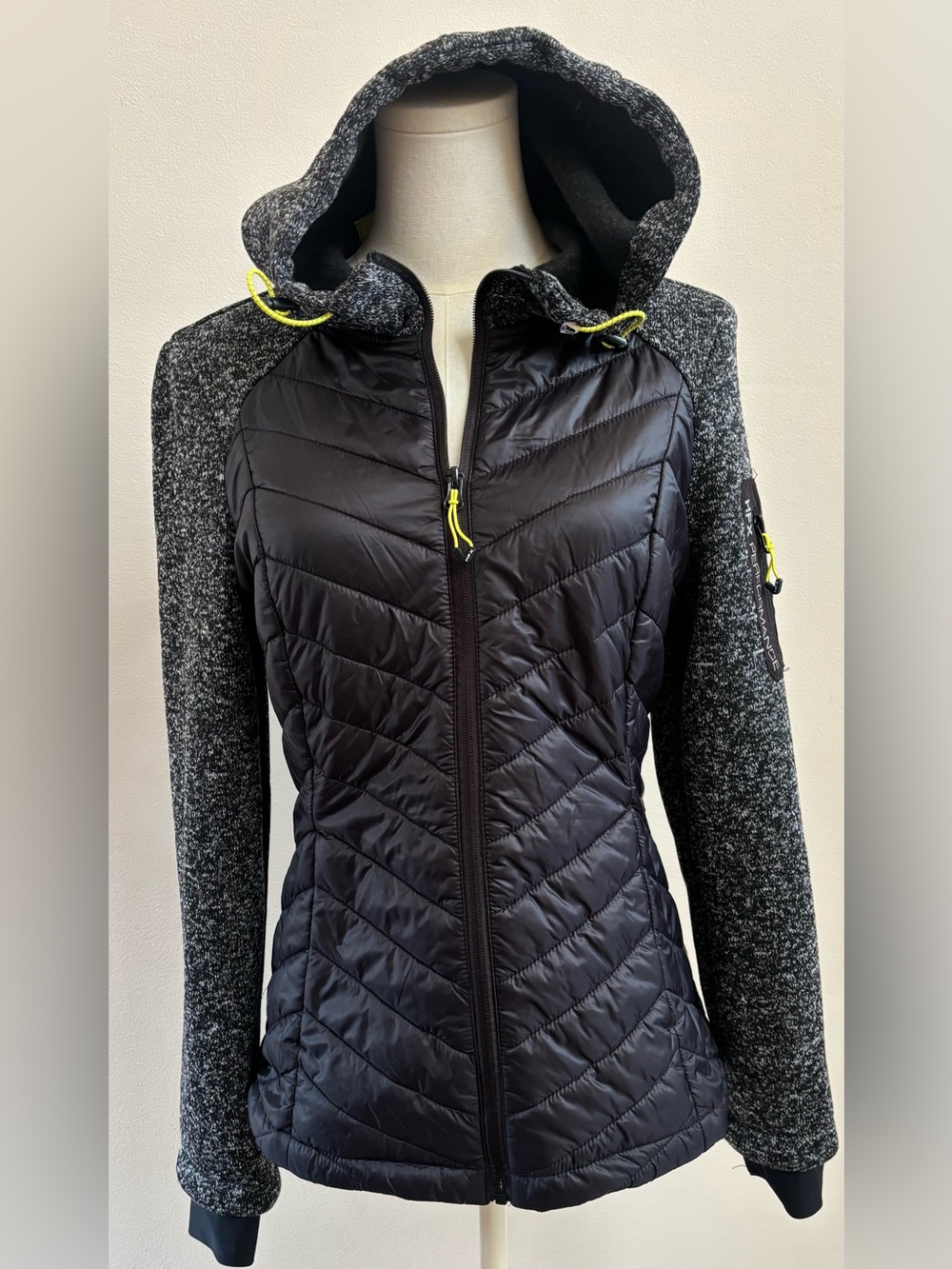 HFX Hybrid Puffer Jacket Small Black Gray Hooded Quilted NWOT